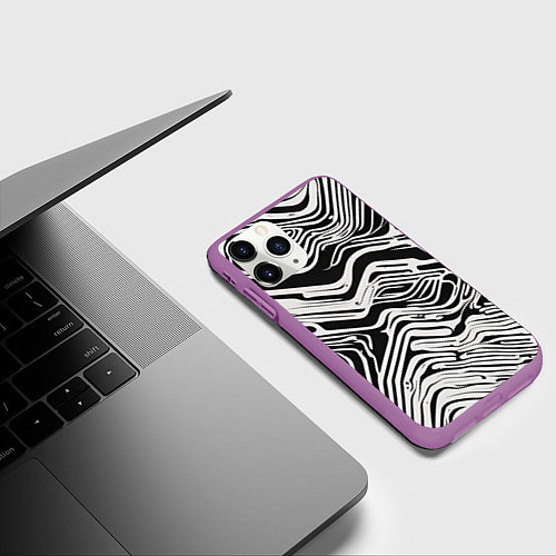 Чехол iPhone 11 Pro матовый Волнистые белые линии / 3D-Фиолетовый – фото 3