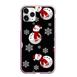 Чехол iPhone 11 Pro матовый Снеговички в зимних шапочках со снежинками, цвет: 3D-розовый