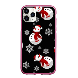 Чехол iPhone 11 Pro матовый Снеговички в зимних шапочках со снежинками, цвет: 3D-малиновый