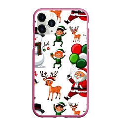 Чехол iPhone 11 Pro матовый Зимний праздник - деды морозы гномы олени, цвет: 3D-малиновый