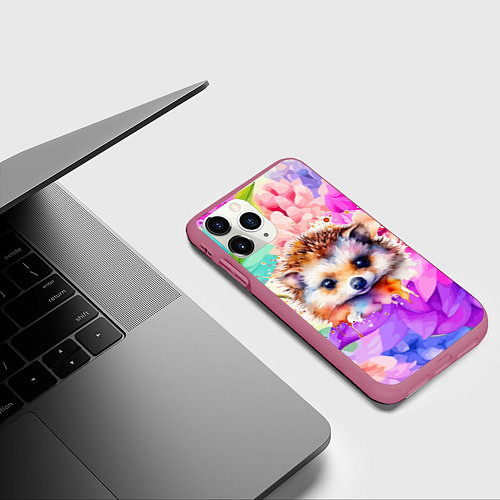 Чехол iPhone 11 Pro матовый Ежик в цветах / 3D-Малиновый – фото 3