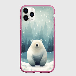 Чехол iPhone 11 Pro матовый Мишка в зимнем лесу в стиле фолк-арт, цвет: 3D-малиновый