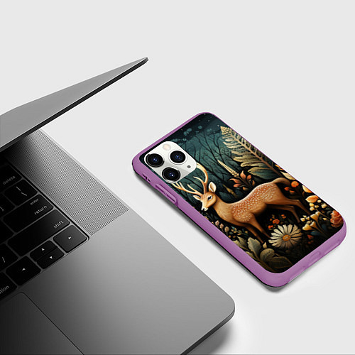 Чехол iPhone 11 Pro матовый Лесной олень в стиле фолк-арт / 3D-Фиолетовый – фото 3