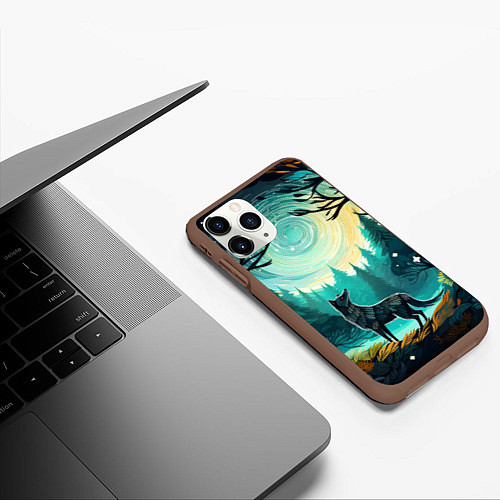 Чехол iPhone 11 Pro матовый Волк в ночном лесу фолк-арт / 3D-Коричневый – фото 3