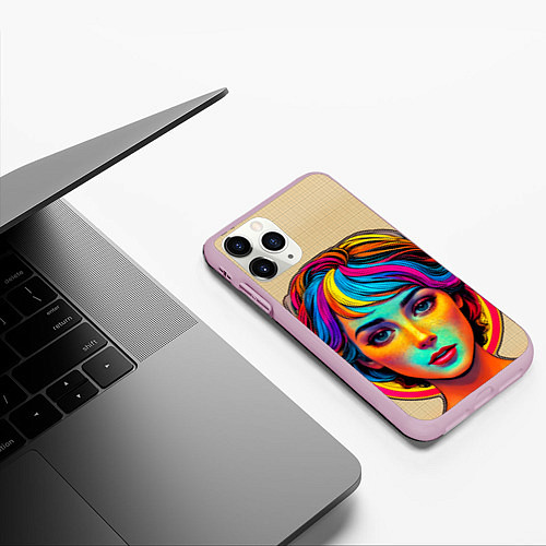 Чехол iPhone 11 Pro матовый Девушка с разноцветными волосами на клетчатом фоне / 3D-Розовый – фото 3