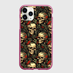 Чехол iPhone 11 Pro матовый Череп рябина шишки и хвойные ветки, цвет: 3D-малиновый