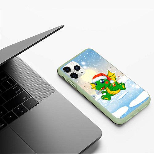 Чехол iPhone 11 Pro матовый Зимний дракончик / 3D-Салатовый – фото 3