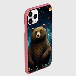 Чехол iPhone 11 Pro матовый Мишка в ночном лесу в стиле фолк-арт, цвет: 3D-малиновый — фото 2