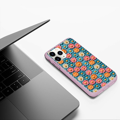 Чехол iPhone 11 Pro матовый Вязаные цветочки паттерн / 3D-Розовый – фото 3