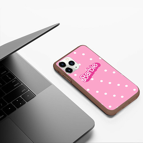 Чехол iPhone 11 Pro матовый Барби - белый горошек на розовом / 3D-Коричневый – фото 3