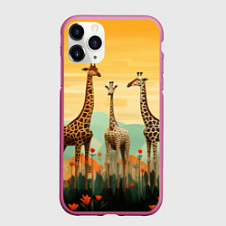 Чехол iPhone 11 Pro матовый Три жирафа в стиле фолк-арт, цвет: 3D-малиновый