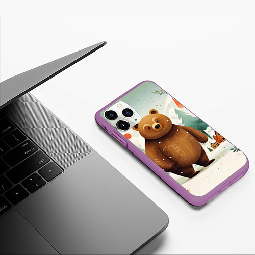 Чехол iPhone 11 Pro матовый Рождественский мишка фолк-арт / 3D-Фиолетовый – фото 3