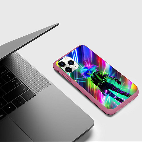 Чехол iPhone 11 Pro матовый Неоновая девчонка - аниме - нейросеть / 3D-Малиновый – фото 3