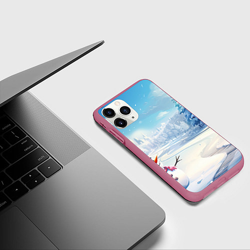 Чехол iPhone 11 Pro матовый Новогодний пейзаж снеговик / 3D-Малиновый – фото 3
