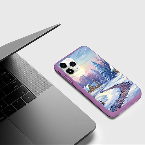 Чехол iPhone 11 Pro матовый Тропинка к новогоднему дому / 3D-Фиолетовый – фото 3