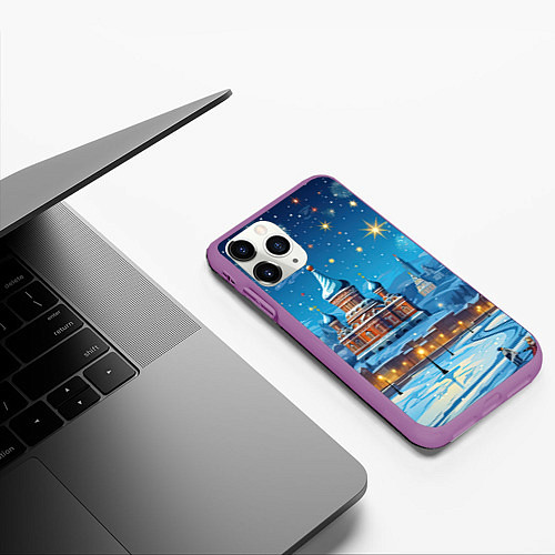 Чехол iPhone 11 Pro матовый Новогодняя Москва / 3D-Фиолетовый – фото 3