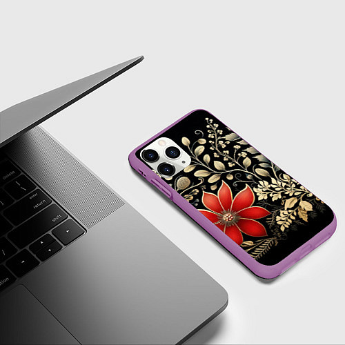Чехол iPhone 11 Pro матовый Новогодние цветы и листья / 3D-Фиолетовый – фото 3