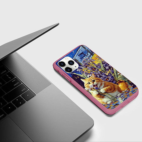 Чехол iPhone 11 Pro матовый Толстый рыжий кот Ван Гога / 3D-Малиновый – фото 3