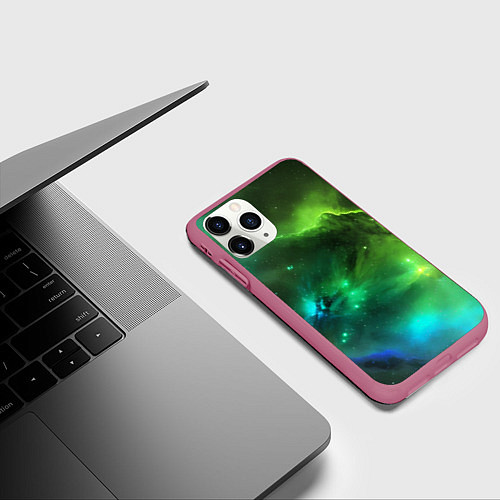 Чехол iPhone 11 Pro матовый Бескрайний космос зелёный / 3D-Малиновый – фото 3