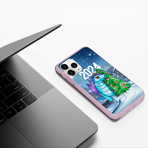 Чехол iPhone 11 Pro матовый Дракон у новогодней елки 2024 / 3D-Розовый – фото 3