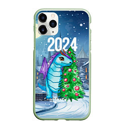 Чехол iPhone 11 Pro матовый Дракон у новогодней елки 2024, цвет: 3D-салатовый