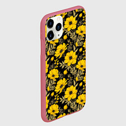 Чехол iPhone 11 Pro матовый Желтые цветы на черном фоне паттерн, цвет: 3D-малиновый — фото 2