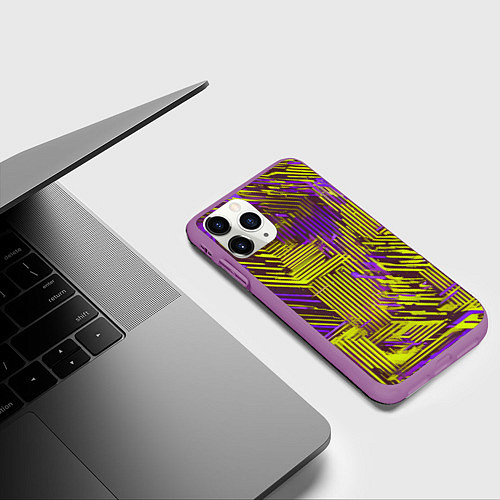 Чехол iPhone 11 Pro матовый Киберпанк линии фиолетовые и жёлтые / 3D-Фиолетовый – фото 3