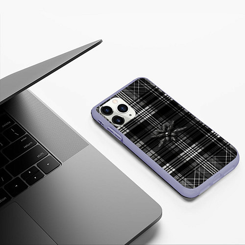 Чехол iPhone 11 Pro матовый Черно-белая шотландская клетка / 3D-Светло-сиреневый – фото 3