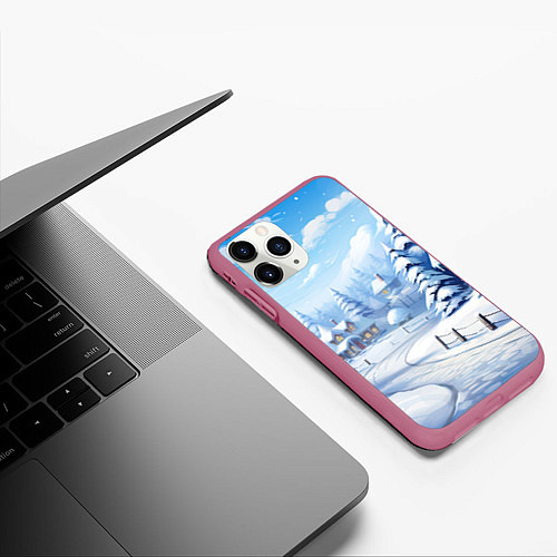 Чехол iPhone 11 Pro матовый Снежный зимний фон / 3D-Малиновый – фото 3