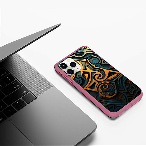 Чехол iPhone 11 Pro матовый Абстрактный узор в викингском стиле / 3D-Малиновый – фото 3