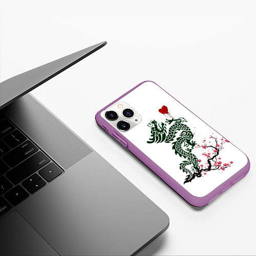 Чехол iPhone 11 Pro матовый Дракон на сакуре / 3D-Фиолетовый – фото 3