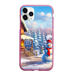 Чехол iPhone 11 Pro матовый Новогодняя деревня и снеговик