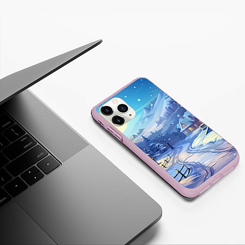 Чехол iPhone 11 Pro матовый Зимняя новогодняя деревня / 3D-Розовый – фото 3