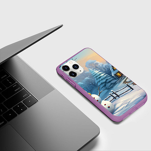 Чехол iPhone 11 Pro матовый Новый год и снеговик / 3D-Фиолетовый – фото 3
