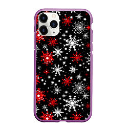 Чехол iPhone 11 Pro матовый Белые и красные снежинки на черном фоне - нейросет, цвет: 3D-фиолетовый