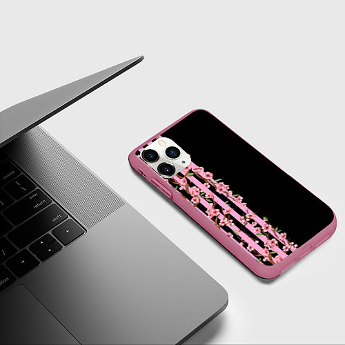 Чехол iPhone 11 Pro матовый Сакура и полосы / 3D-Малиновый – фото 3