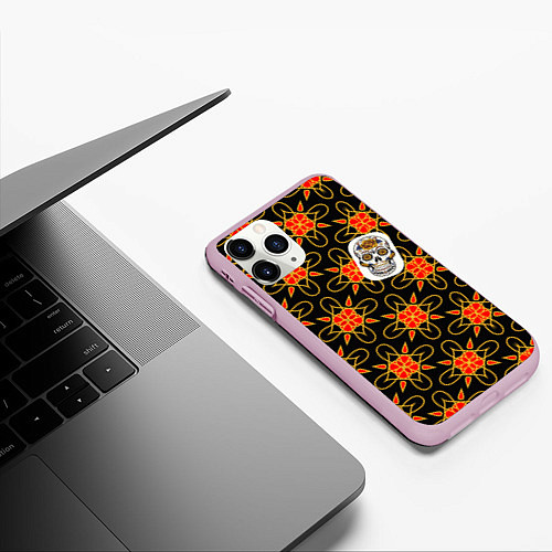 Чехол iPhone 11 Pro матовый Радужный цветочный череп / 3D-Розовый – фото 3