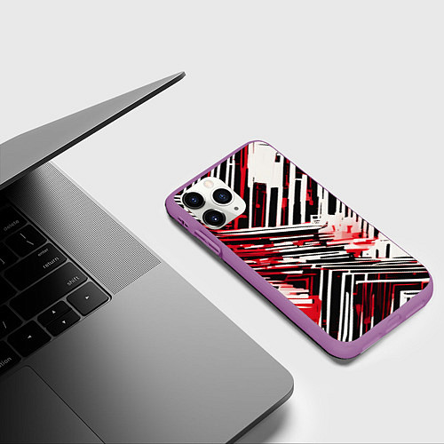 Чехол iPhone 11 Pro матовый Киберпанк линии белые и красные / 3D-Фиолетовый – фото 3