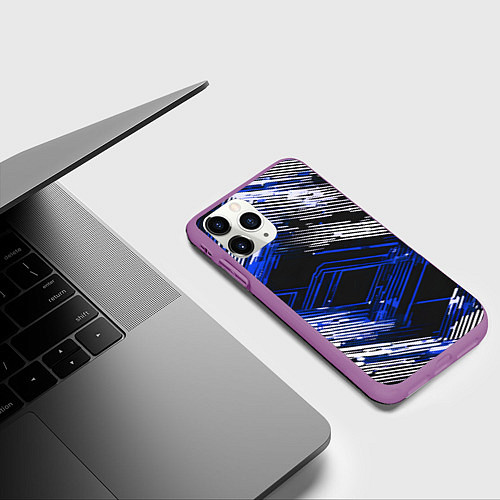 Чехол iPhone 11 Pro матовый Киберпанк линии белые и синие / 3D-Фиолетовый – фото 3