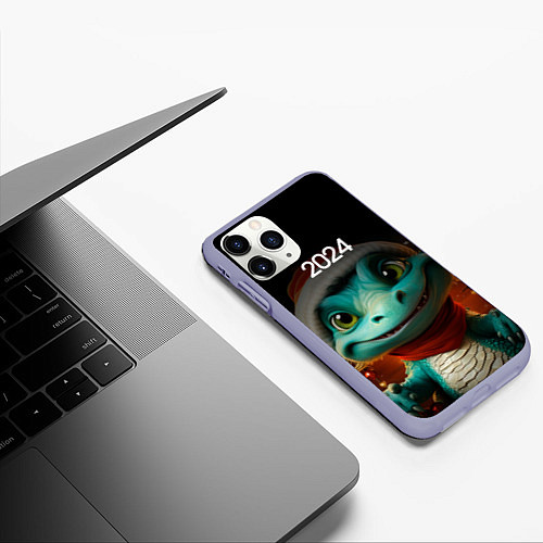 Чехол iPhone 11 Pro матовый Милый зеленый дракон / 3D-Светло-сиреневый – фото 3