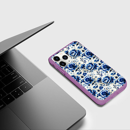 Чехол iPhone 11 Pro матовый Гжель узор паттерн / 3D-Фиолетовый – фото 3