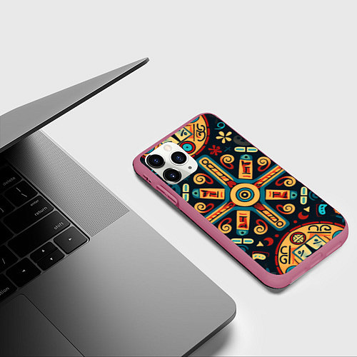 Чехол iPhone 11 Pro матовый Симметричный орнамент в славянском стиле / 3D-Малиновый – фото 3