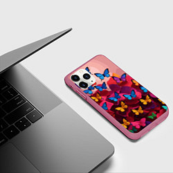 Чехол iPhone 11 Pro матовый Разноцветные бабочки - розовые цветы, цвет: 3D-малиновый — фото 2