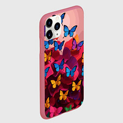 Чехол iPhone 11 Pro матовый Разноцветные бабочки - розовые цветы, цвет: 3D-малиновый — фото 2
