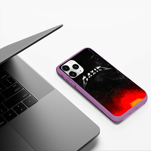 Чехол iPhone 11 Pro матовый Максим в стиле Металлика - огонь и искры / 3D-Фиолетовый – фото 3