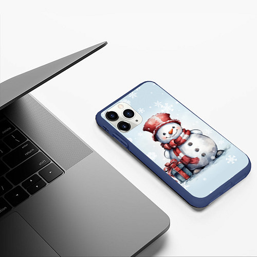 Чехол iPhone 11 Pro матовый New Years cute snowman / 3D-Тёмно-синий – фото 3