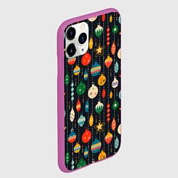Чехол iPhone 11 Pro матовый Новогодние ёлочные игрушки на черном фоне, цвет: 3D-фиолетовый — фото 2
