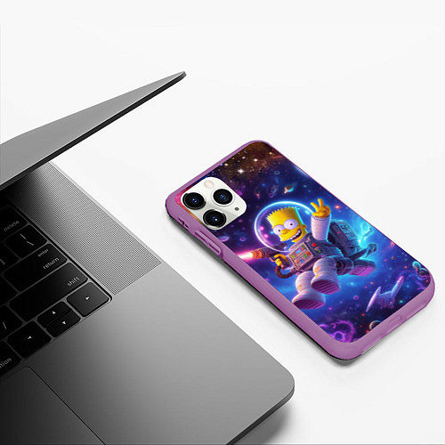 Чехол iPhone 11 Pro матовый Барт Симпсон с лазерным пистолетом в космосе / 3D-Фиолетовый – фото 3