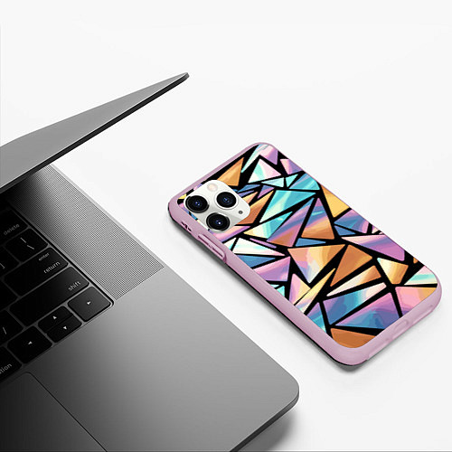 Чехол iPhone 11 Pro матовый Радужные треугольники - кристаллы голографические / 3D-Розовый – фото 3