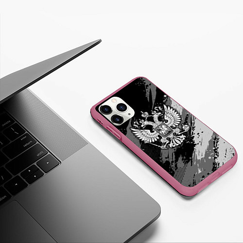 Чехол iPhone 11 Pro матовый Россия - серый монохромный / 3D-Малиновый – фото 3